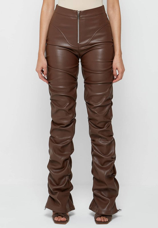 Brown Multi Wrinkle Bottom Slit PU Leather Pants