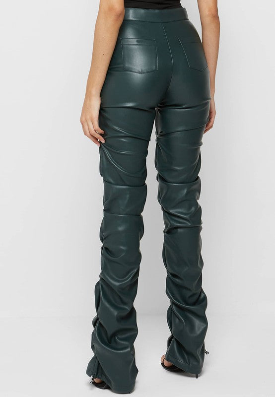 Olive Multi Wrinkle Bottom Slit PU Leather Pants