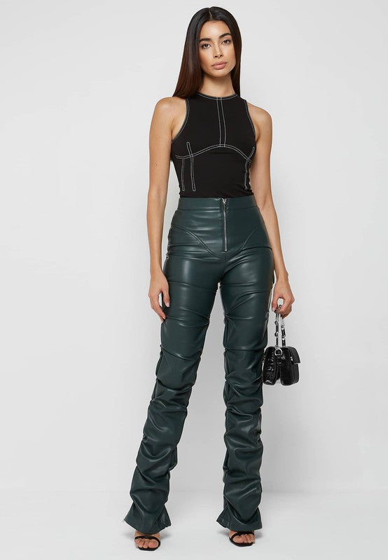 Olive Multi Wrinkle Bottom Slit PU Leather Pants