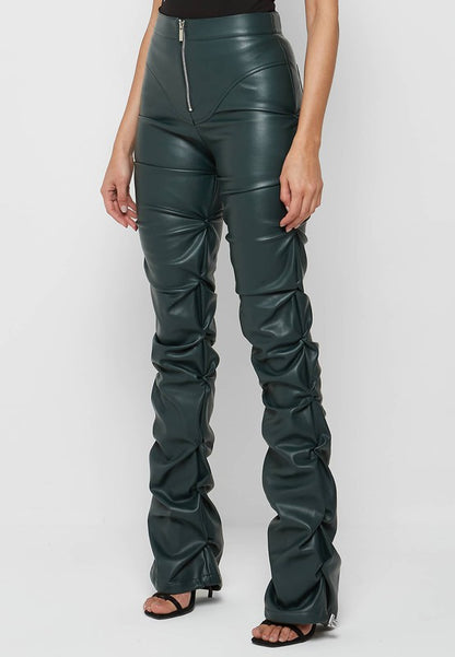 Olive Multi Wrinkle Bottom Slit PU Leather Pants