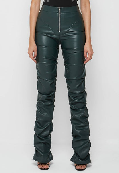 Olive Multi Wrinkle Bottom Slit PU Leather Pants