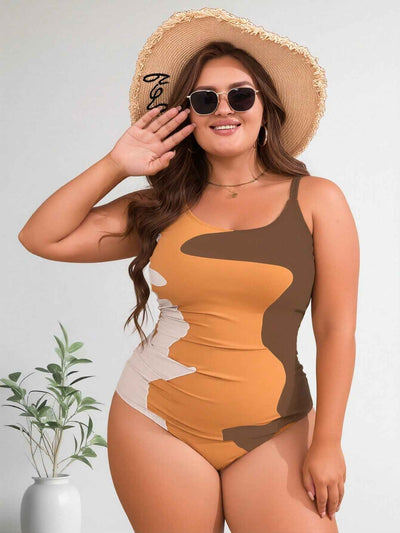 2026 New Women's Plus Size One-Piece Swimsuit: Earth Tone Abstract Color Block With Side Ruched