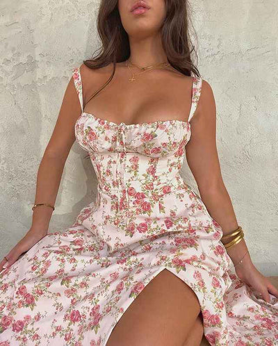 Corset Lace-Up Back Midi Dress - Wide Strap Side Slit
