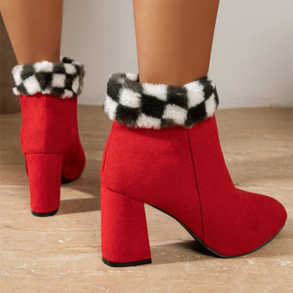 Plaid Ankle Boots - Furry Lined Square Heel Winter Boots