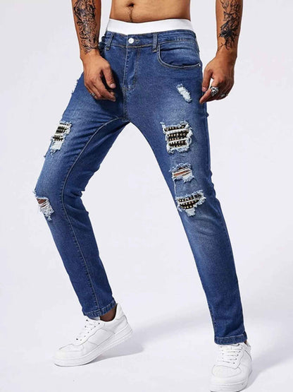 Men's Distressed Jeans - Studded Slim Fit Stretch Denim - Fashions Envy