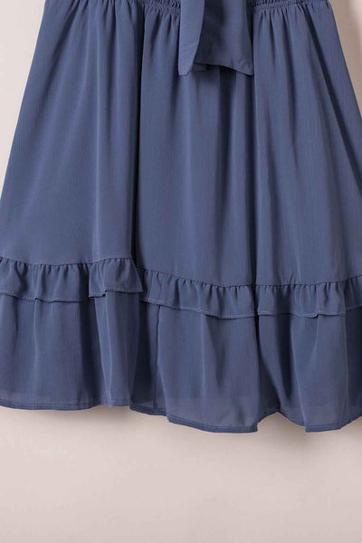 Ruffle Hem Mini Dress - Flirty Bow-Tie V-Neck
