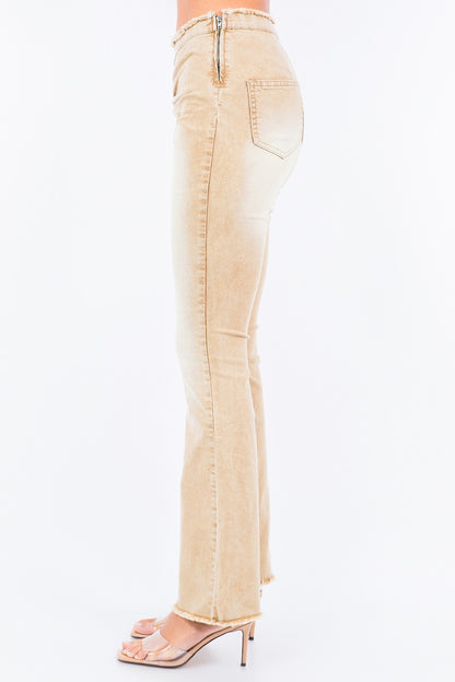 Tan V-Cut Ruched Flare Leg Retro Side Zipper Pants