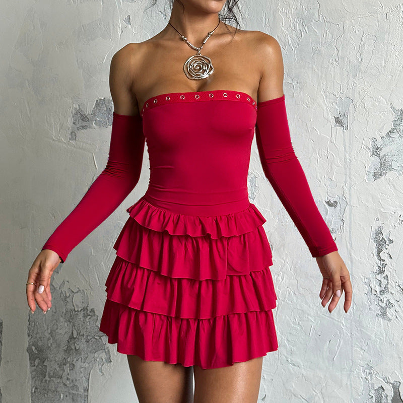 Bustier Dress - One-Shoulder Long Sleeve Slim Fit