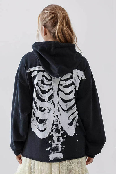 Skeleton Zip Up Drawstring Hoodie - Halloween Sweatshirt - Fashions Envy