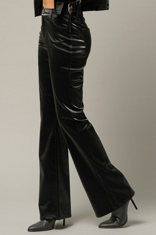 Shiny PU Fabric High Rise Flare Pants