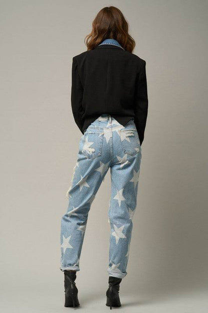 Star Print Slouch Jeans - Light Wash Distressed Denim - Fashions Envy