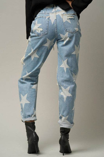 Star Print Slouch Jeans - Light Wash Distressed Denim - Fashions Envy