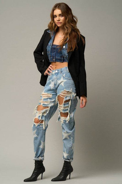 Star Print Slouch Jeans - Light Wash Distressed Denim - Fashions Envy