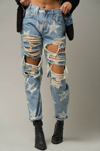 Star Print Slouch Jeans - Light Wash Distressed Denim - Fashions Envy