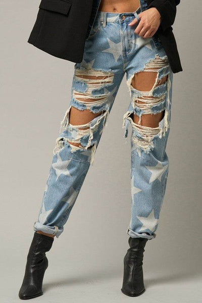 Star Print Slouch Jeans - Light Wash Distressed Denim - Fashions Envy