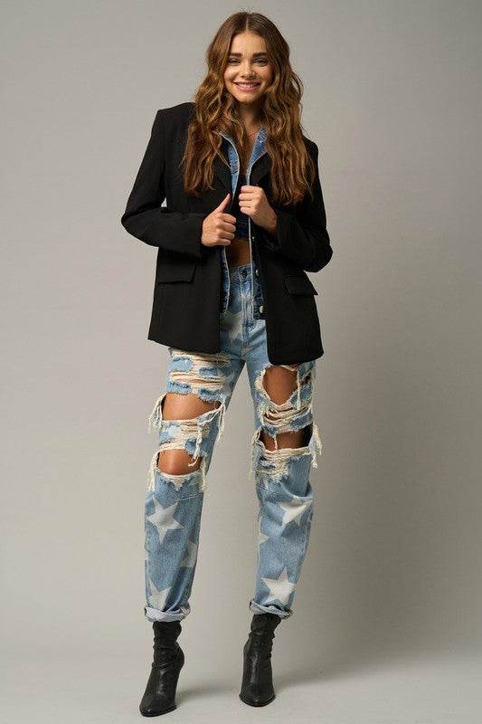 Star Print Slouch Jeans - Light Wash Distressed Denim - Fashions Envy
