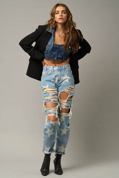 Star Print Slouch Jeans - Light Wash Distressed Denim - Fashions Envy