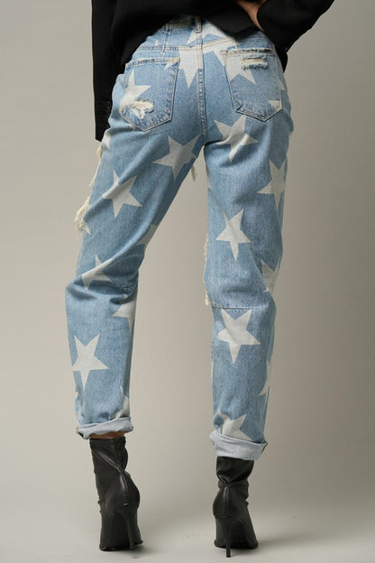 Light Wash With Stars Heavy Distress Slouch Jeans