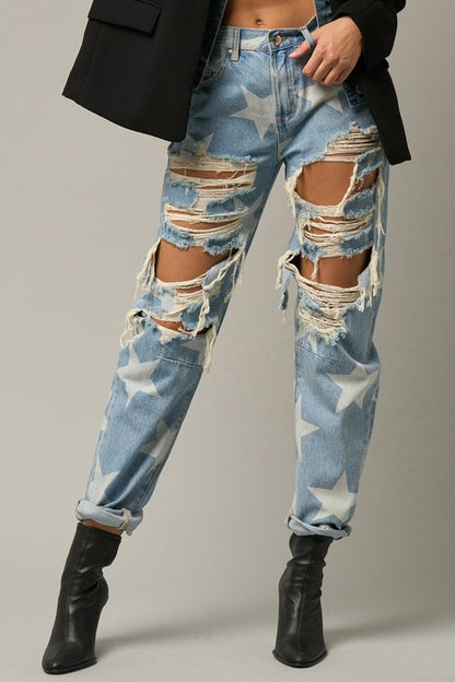 Light Wash With Stars Heavy Distress Slouch Jeans