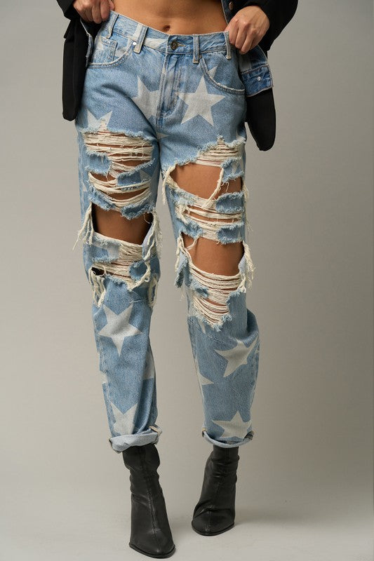 Light Wash With Stars Heavy Distress Slouch Jeans