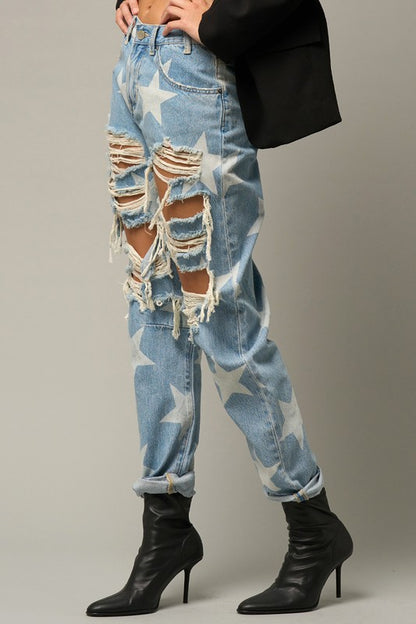 Light Wash With Stars Heavy Distress Slouch Jeans