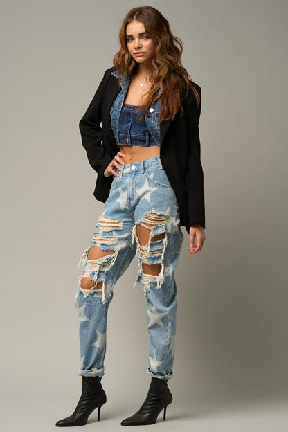 Light Wash With Stars Heavy Distress Slouch Jeans