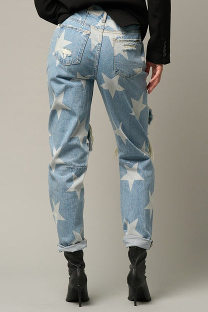 Light Wash With Stars Heavy Distress Slouch Jeans