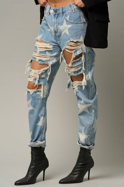 Light Wash With Stars Heavy Distress Slouch Jeans