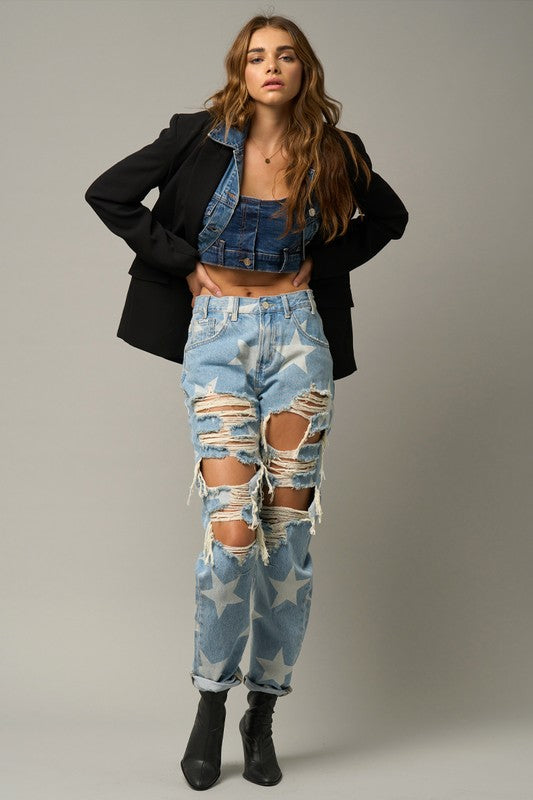 Light Wash With Stars Heavy Distress Slouch Jeans