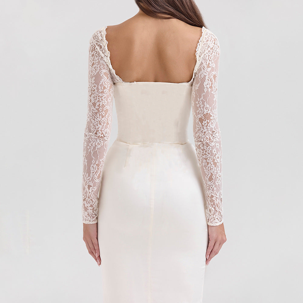 White Sweetheart Neck Maxi Dress - Lace Spliced Long Sleeve Bodycon