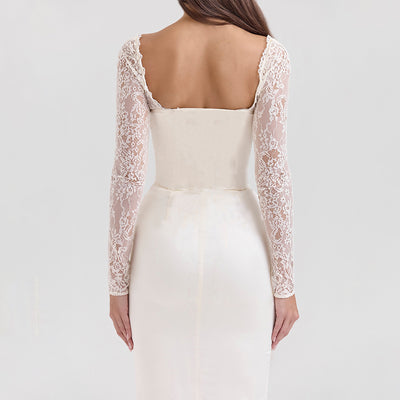 White Sweetheart Neck Maxi Dress - Lace Spliced Long Sleeve Bodycon