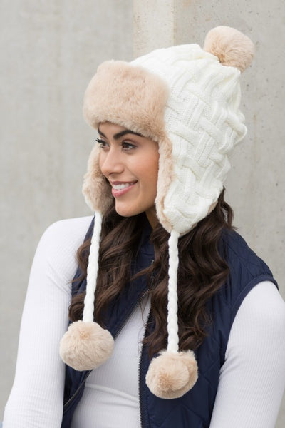 Cable Weave Pom Trapper Hat - Fashions Envy