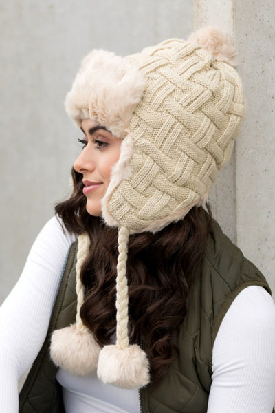 Cable Weave Pom Trapper Hat - Fashions Envy