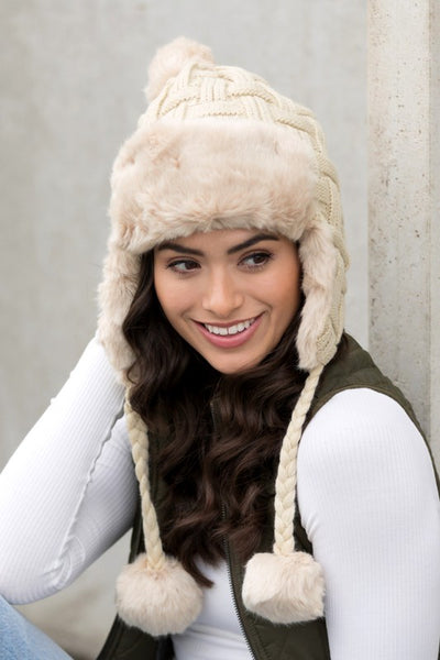 Cable Weave Pom Trapper Hat - Fashions Envy