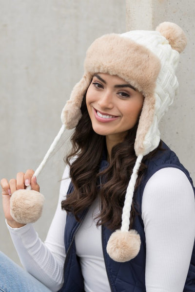 Cable Weave Pom Trapper Hat - Fashions Envy