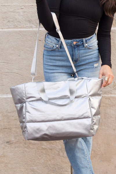 Oversized Interior Metallic Puffer Tote - Fashions Envy
