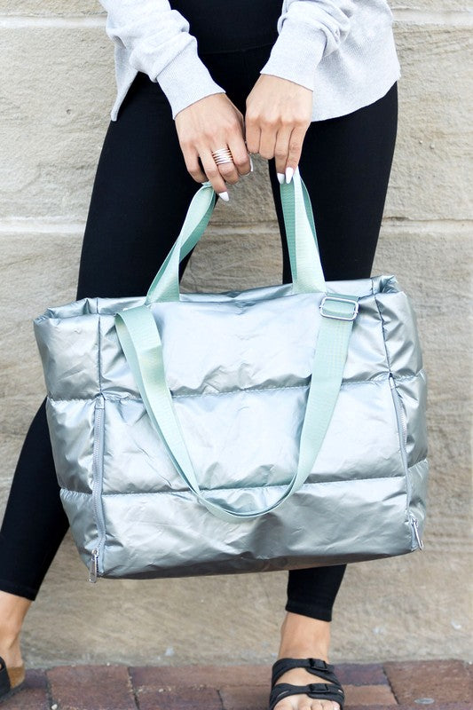 Oversized Interior Metallic Puffer Tote