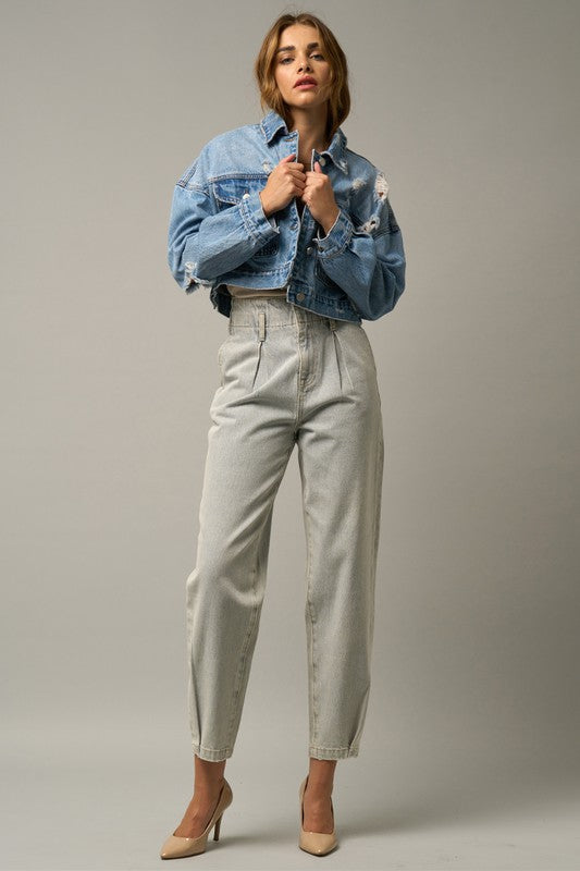 Pleated Super High Waist Balloon Cropped Jeans