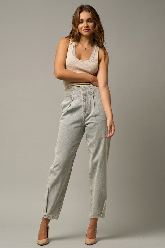 Pleated Super High Waist Balloon Cropped Jeans