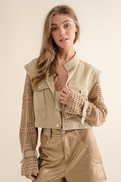 Cropped Long Sleeve Twill Crochet Jacket