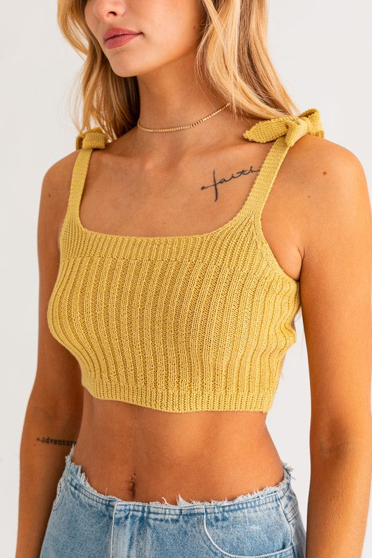 Shoulder Tie Soft Knit Fitted Cropped Tank Top