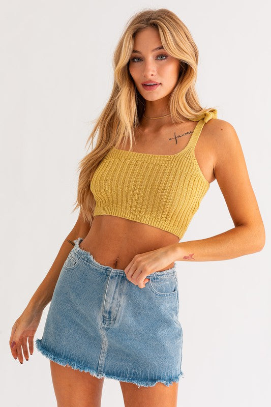 Shoulder Tie Soft Knit Fitted Cropped Tank Top