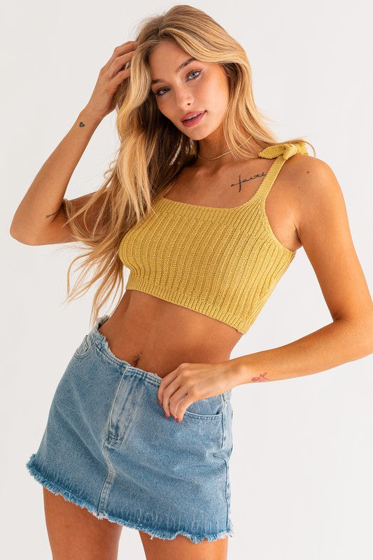 Shoulder Tie Soft Knit Fitted Cropped Tank Top