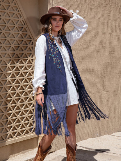 Faux Suede Fringe Hem Open Front Vest - Fashions Envy