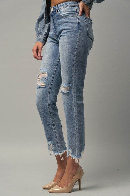 High-Rise Premium Cropped Straight Jeans with Ripped Details - Fashions Envy