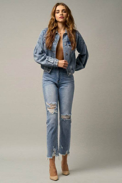 High-Rise Premium Cropped Straight Jeans with Ripped Details - Fashions Envy