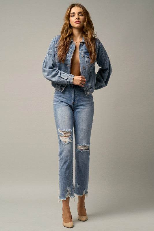 High-Rise Premium Cropped Straight Jeans with Ripped Details - Fashions Envy