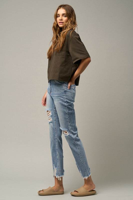 High-Rise Premium Cropped Straight Jeans with Ripped Details - Fashions Envy