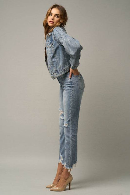 High-Rise Premium Cropped Straight Jeans with Ripped Details - Fashions Envy