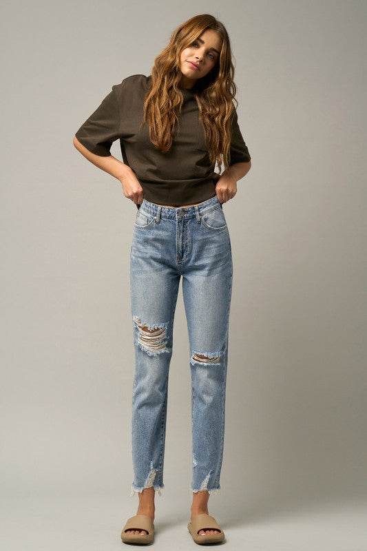 High-Rise Premium Cropped Straight Jeans with Ripped Details - Fashions Envy
